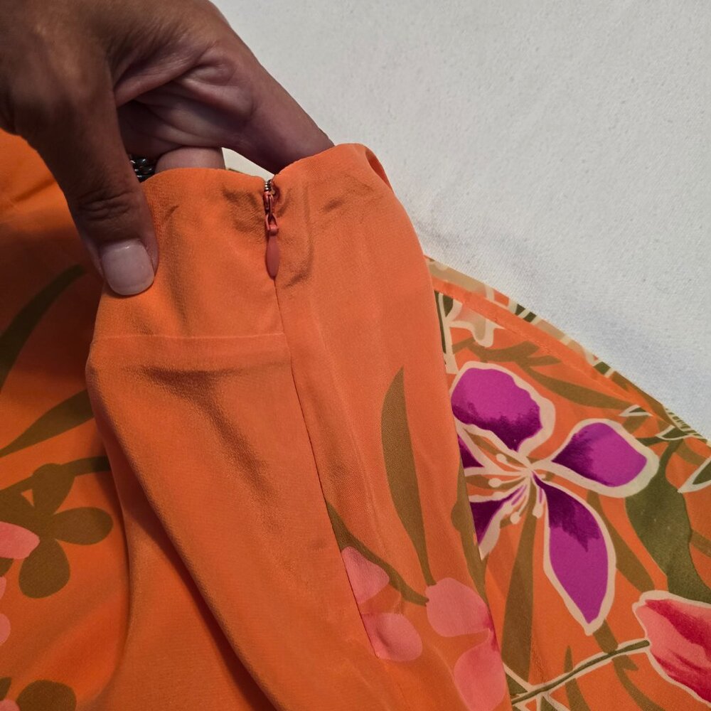 Tori Richard Honolulu 100% Silk Orange Midi Skirt Flowers Paradise Size 4 Lined - Picture 8 of 13